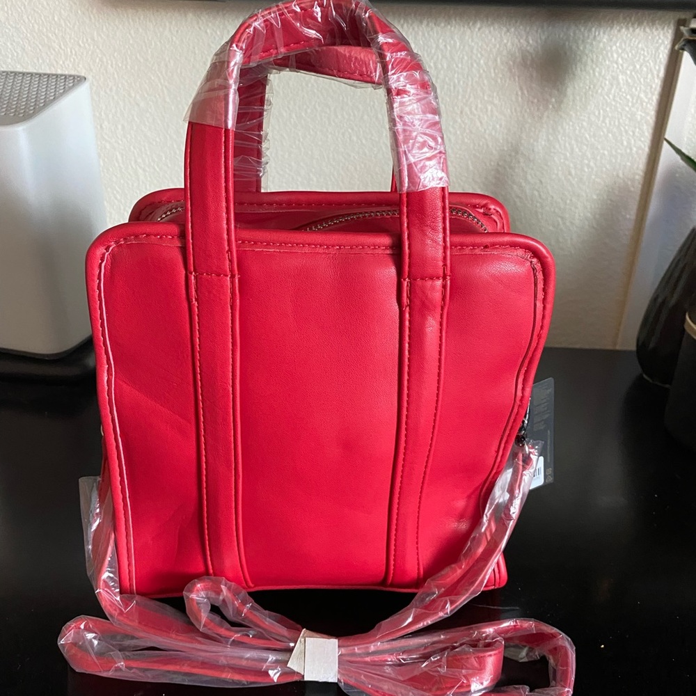 Red Faux Leather Mini Tote Handbag w/ Strap